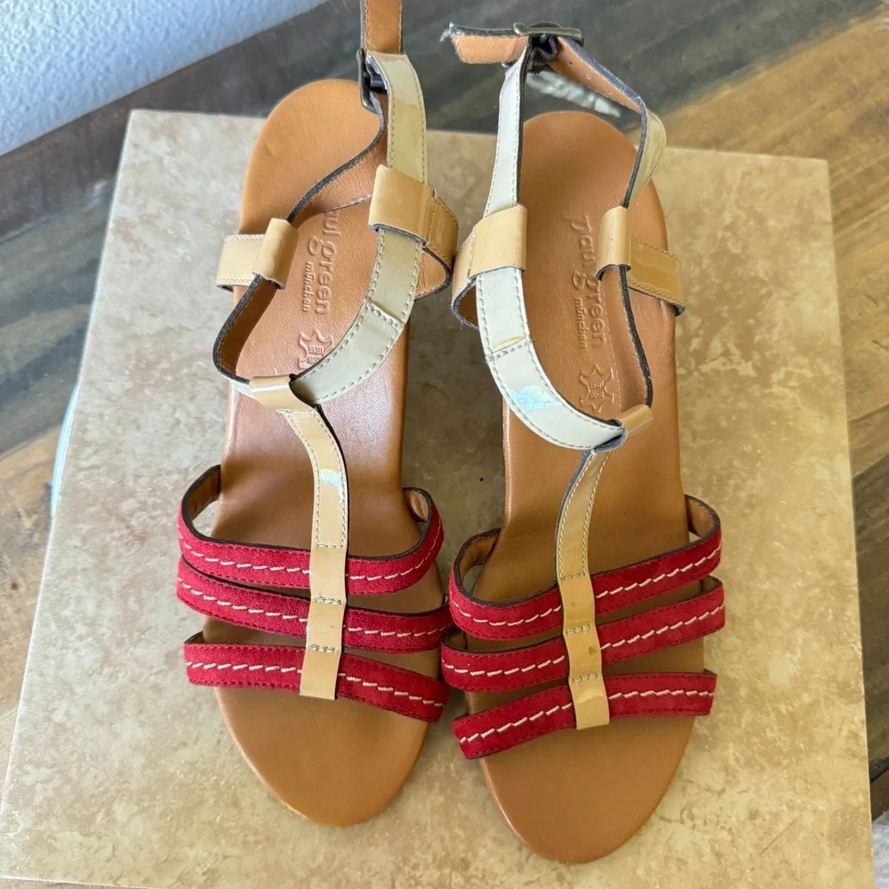 Paul Green Sandals Womens UK 6 US 8.5 T Strap Genuine Leather Strappy Wedge Red